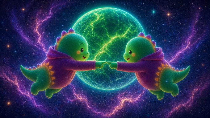 A cosmic, colorful digital illustration of two cute green dinosaur-like creatures in purple hoodies floating in space and reaching toward each other against a glowing green nebula.