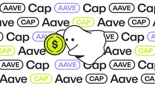 A graphic featuring the Aave 'Cap' logo repeated across the background with a ghost holding a dollar coin in the foreground.