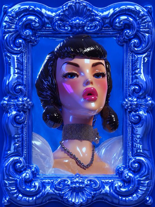A glossy vinyl doll sculpture of Ava from Neon Evangelion, displayed within an ornate baroque-style silver frame against a vibrant blue background, marking the start of her auction.