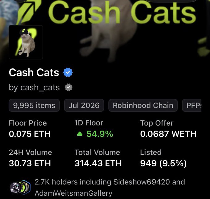 OpenSea listing for the 'Cash Cats' NFT collection on Robinhood Chain, featuring 9,995 items, a floor price of 0.075 ETH, and a 24H volume of 30.73 ETH with a 54.9% increase.