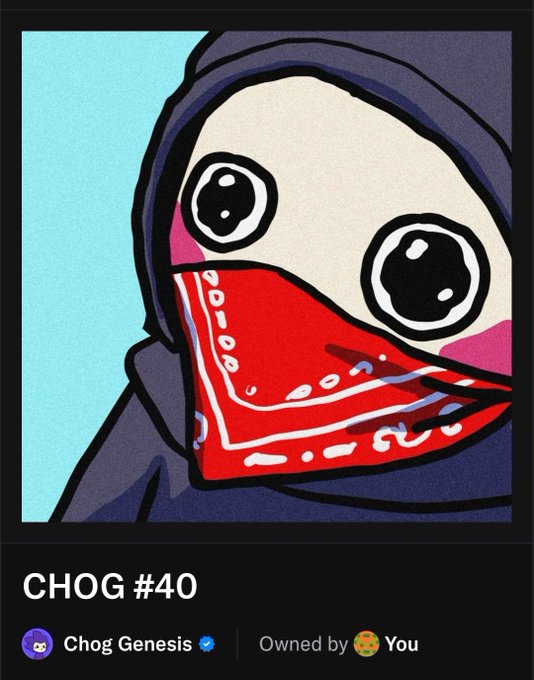 Digital artwork titled 'CHOG #40' from the Chog Genesis collection (Owned by 'You'), depicting a hooded figure with large eyes and a red bandana over its mouth.