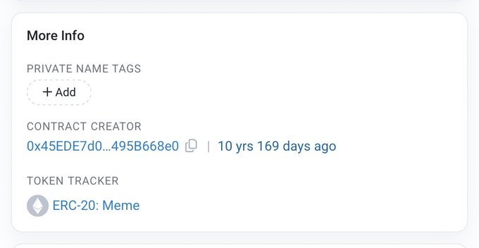 A 'More Info' panel showing NFT metadata with a contract creator address '0x45EDE7d0...495B668e0' and an ERC-20: Meme token tracker.