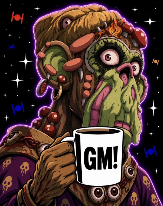 A grotesque, monstrous character with multiple eyes, a beard, and a headdress holds a white coffee mug displaying the text "GM!" against a starry space background decorated with fish icons, visually reinforcing the "GM" (Good Morning) greeting used to promote the upcoming AMA session.