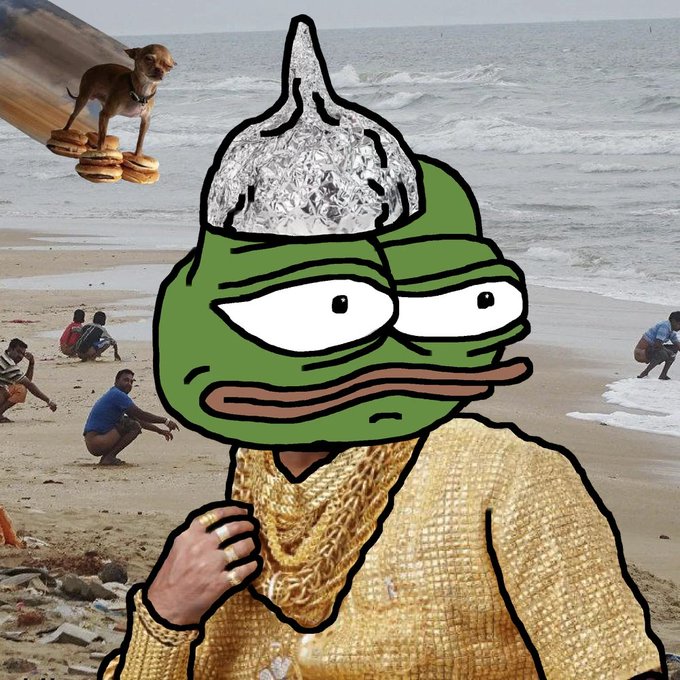 A surreal collage featuring a green Pepe the Frog head with foil-wrapped foil hat on a glittery gold body, set against a beach scene with people and a small dog standing on burgers.