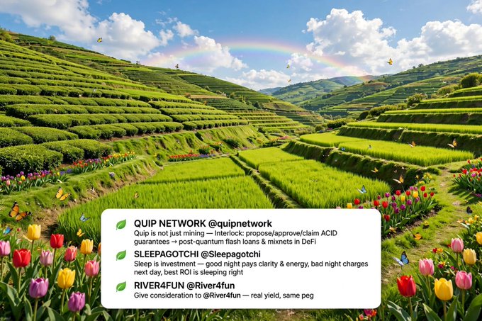 A vibrant landscape of green terraced rice paddies under a rainbow-filled sky with butterflies, overlaid with a social media post discussing three crypto projects: QUIP NETWORK (@quipnetwork) noting it's 'not just mining — interlock: propose/approve/claim ACID guarantees + post-quantum flash loans & mixnets in DeFi', SLEEPAGOTCHI (@Sleepagotchi) where 'Sleep is investment — good night pays clarity & energy', and RIVER4FUN (@River4fun) suggesting 'real yield, same peg'.