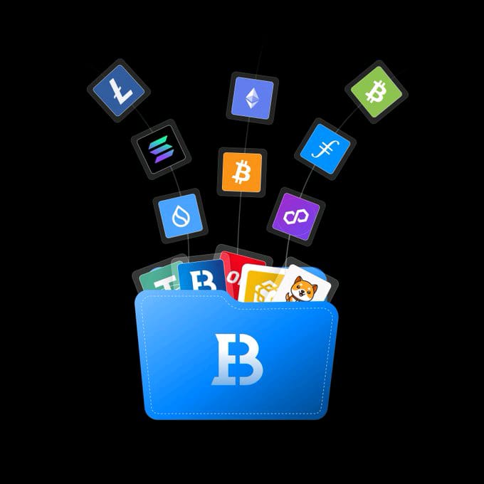 A digital illustration of a blue wallet bearing the 'B' logo, overflowing with various cryptocurrency and app icons (including Bitcoin, Litecoin, Ethereum, and Solana) that float upward against a black background.
