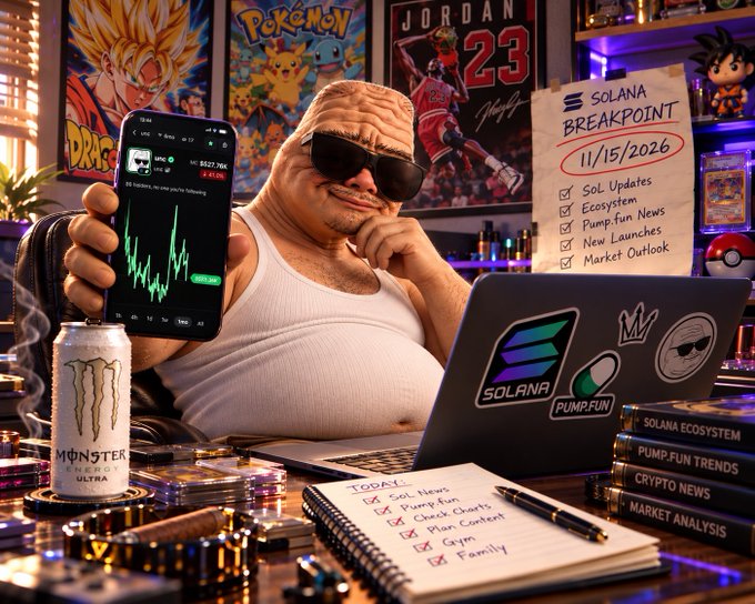 A stylized illustration shows a man in sunglasses and a white tank top holding a phone displaying a crypto chart, seated at a desk with a Monster Ultra can, a laptop with Solana and Pump.fun stickers, and a notebook titled 'SOLANA BREAKPOINT 11/15/2026' listing items like 'Sol Updates', 'Ecosystem', and 'Pump.fun News'.