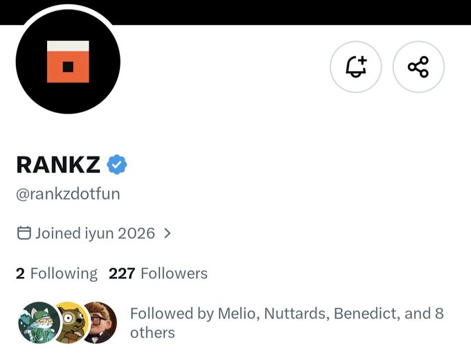 A screenshot of an X (Twitter) profile page for the account 'RANKZ' (@rankzdotfun), showing an orange square avatar, a verified blue checkmark, the join date 'iyun 2026', 2 following, 227 followers, and mutual followers including Melio, Nuttards, and Benedict.
