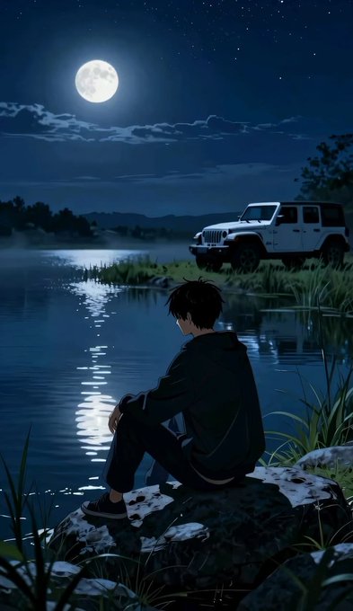 An anime-style illustration depicts a boy sitting on a rock by a calm body of water at night, gazing toward a white Jeep under a large full moon.