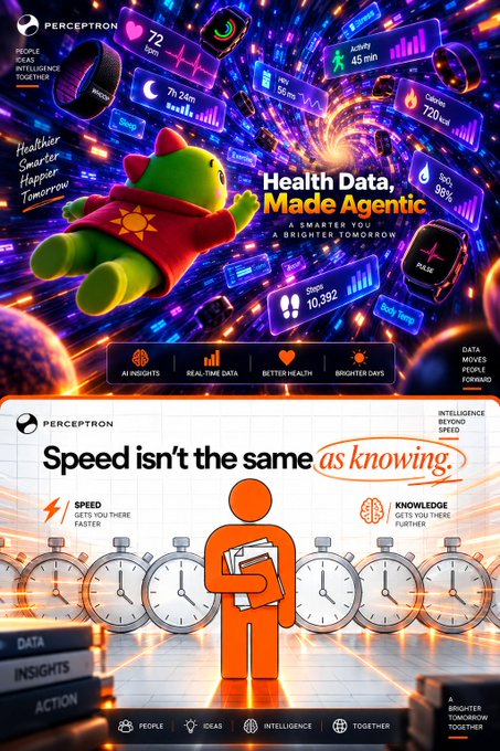 Two promotional graphics for 'Perceptron': the top advertises 'Health Data Made Agentic' with a green dinosaur mascot among health metrics, and the bottom reads 'Speed isn't the same as knowing' featuring an orange figure with a book.