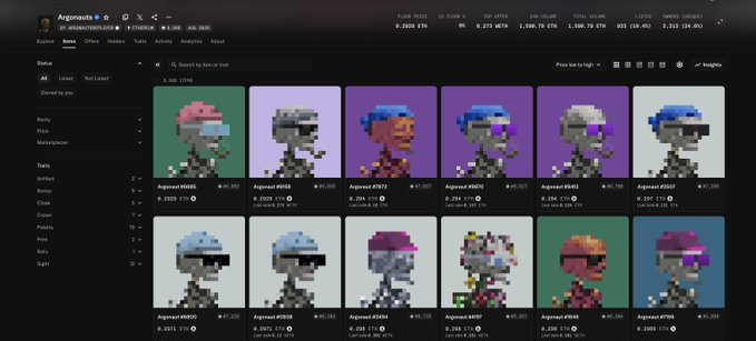 The image shows the Tensor marketplace page for the "Argonauts" NFT collection, displaying various pixel-art skeleton characters with stats including 32 items, 0.8 floor, 2,255 owners, and 2,561 items. The post references an 8-figure figure (Agnosws) who appears to have profited significantly from trading these pixelated skeleton NFTs after buying on a dip, crediting another collector for support.