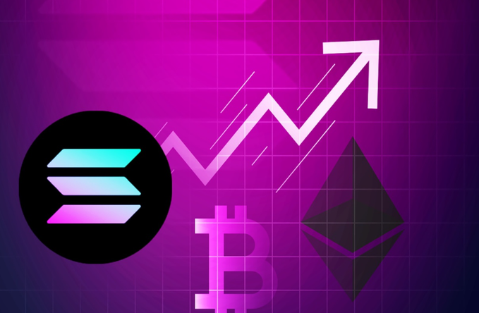 A vibrant purple graphic showing an upward stock chart arrow alongside cryptocurrency logos including Solana (SOL), Bitcoin (BTC), and Ethereum (ETH).