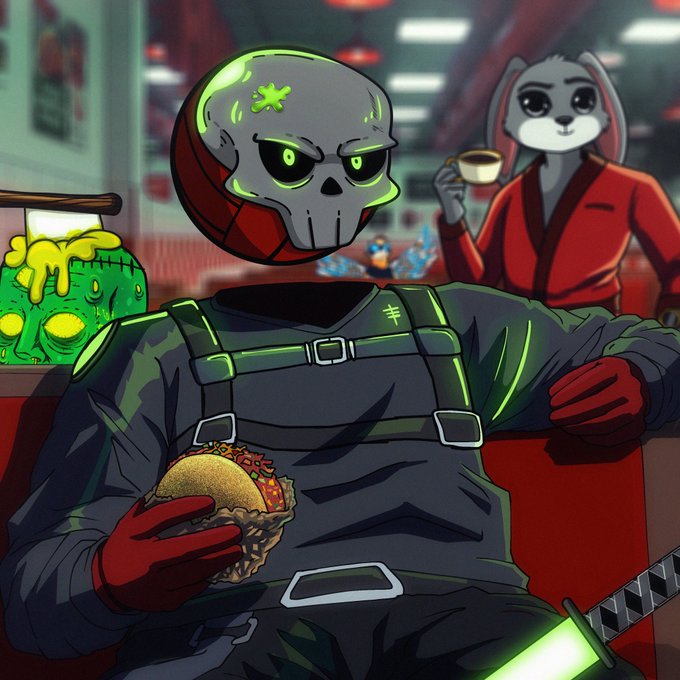 An anime-style illustration shows a helmeted skull-faced character in green-glowing armor holding a taco, with a bunny-like humanoid in a red robe holding a cup in the background.