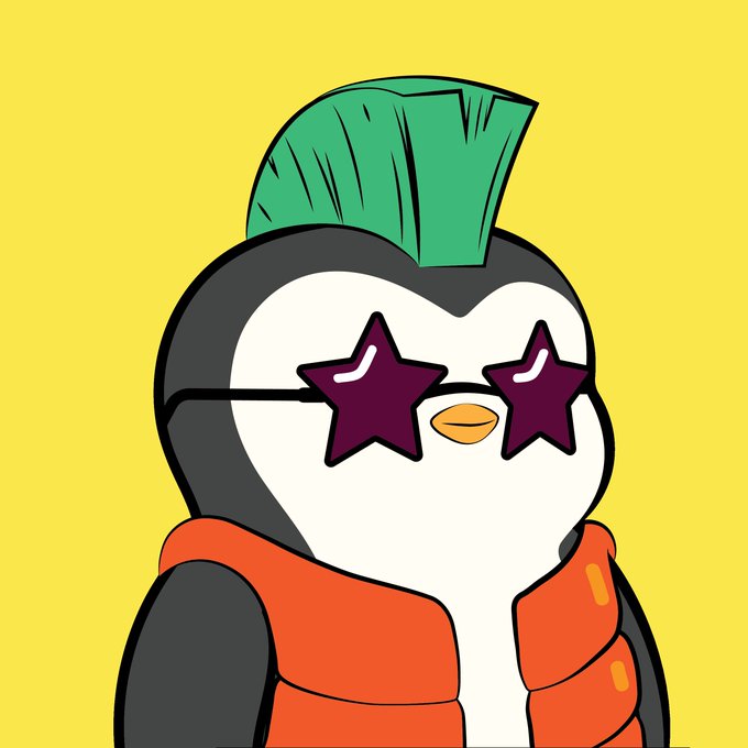 A cartoon penguin character with a green mohawk wearing purple star-shaped sunglasses and an orange puffer vest against a yellow background.
