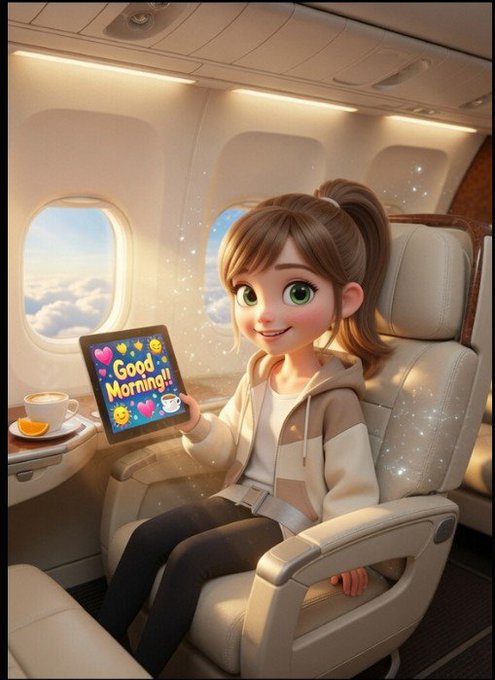 A 3D-rendered illustration of a smiling animated girl with brown hair sitting in an airplane seat, holding a tablet displaying 'Good Morning!' with smiley face emojis, next to a cup of coffee on the tray.