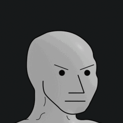A simple grey illustration of a bald, stern-looking humanoid figure against a dark background.