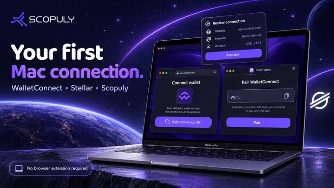 A promotional graphic for Scopuly advertising 'Your first Mac connection' using WalletConnect and Stellar, showing a laptop displaying the connection interface.