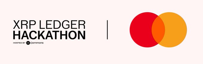 The image displays a banner announcing the "XRP LEDGER HACKATHON," hosted by 3Commas, featuring the iconic Mastercard logo (red and yellow overlapping circles) beside the event title. This visually represents the partnership mentioned in the post, where Mastercard joins as a sponsor of the XRP Ledger Hackathon taking place in New York on October 24–25, 2026.