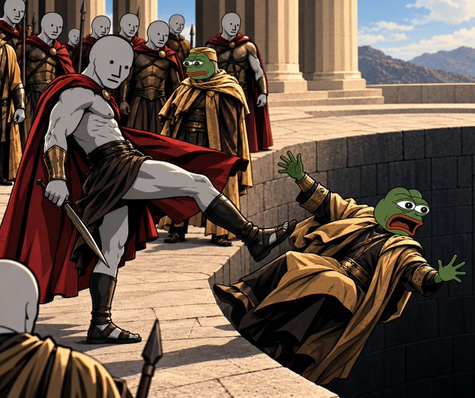 A legion of mask-faced warriors in red capes stands atop classical stone steps as one delivers a powerful kick, sending a green Pepe-style frog figure tumbling backward. The absurd, meme-like scene visually echoes the "$NPC" crypto token post by dramatizing a literal "non-playable character" defeating a chaotic Pepe figure in an exaggerated warrior tableau.