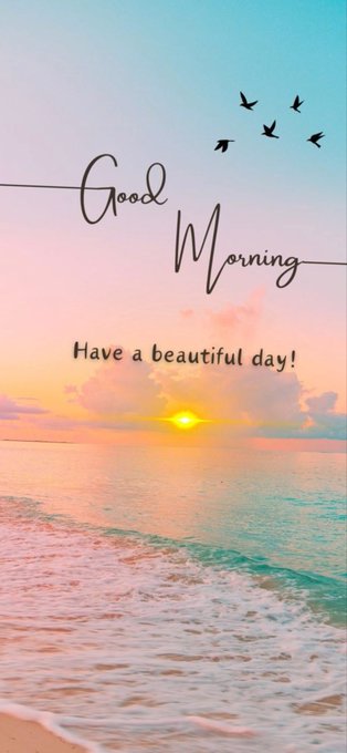 A 'Good Morning, Have a beautiful day!' greeting card featuring a pastel sunset over the ocean with birds flying in the sky.