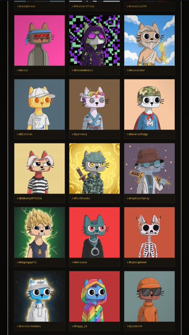 The image displays a gallery of 15 unique hand-drawn cat character PFPs (profile pictures), each with usernames like X3vaelgeaux, X3twistedkitten, X3wesellc0rp, X3milk, X3ciandomdevi, X3miraculousr, X3litterman, X3persianj, X3emperorjoofy, X3championPICKAL, X3PickleOnbi, X3Diglittergrey, X3Ggggrgasltz, X3siracian, X3jubergnome, X3sorclerdoodles, X3fogy_23, and X3jake339, showcasing the variety of custom artwork available. This directly illustrates the post's promotion of @cetsongold as a platform offering 1/1 custom hand-drawn PFPs that function like NFTs but with memecoin-like distribution capabilities.