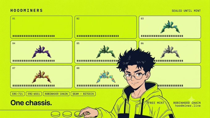 A webpage for 'HOODMINERS' showing a grid of NFT chassis items numbered 01-08 in various colors, featuring an anime-style illustration of a young man with glasses in a green hoodie, with text including 'ERC-721', 'ERC-6551', 'ROBINHOOD CHAIN', and 'SEAM BITCOIN'.
