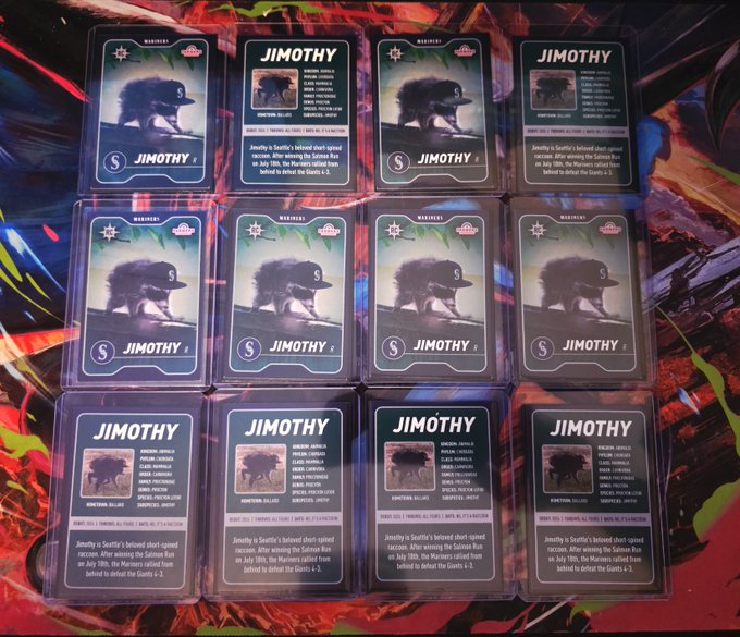 A collection of 'JIMOTHY' trading cards featuring a boar in a baseball cap, arranged in a grid with lore about Jimmy's Giants and the Salinas Jax.