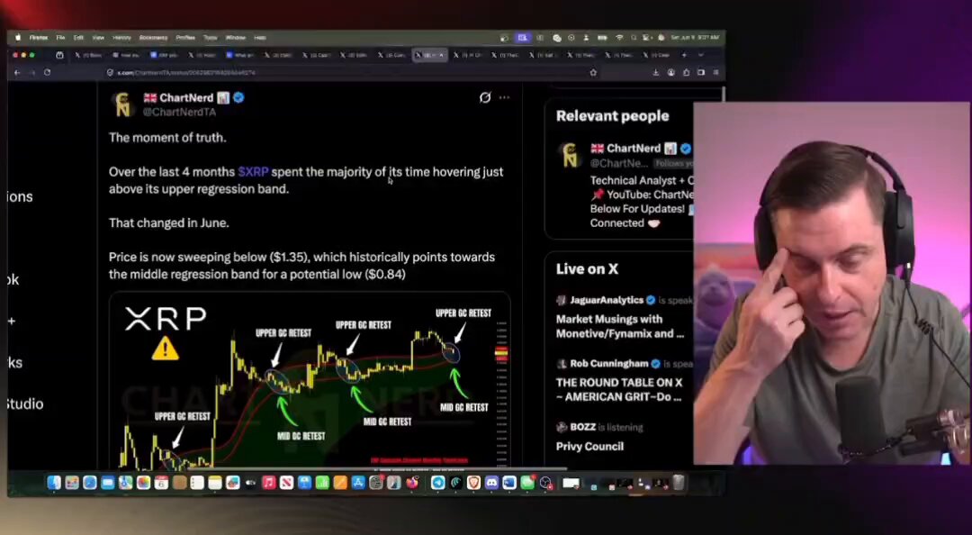 The image shows a man wearing headphones, with his head resting on his hand as he looks at a computer screen displaying a graph of Bitcoin prices over time. The graph indicates that Bitcoin has been fluctuating in value, possibly due to a change in market conditions or other factors affecting cryptocurrency trading. The post about Bitcoin and XRP suggests that the man might be interested in understanding how these two cryptocurrencies are performing and their potential impact on each other's values.
