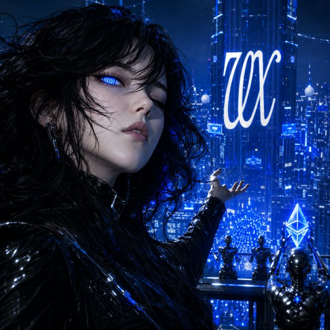 A cyberpunk-style digital artwork depicting a woman with glowing blue eyes against a futuristic blue cityscape with the stylized text 'wax' and an Ethereum logo.