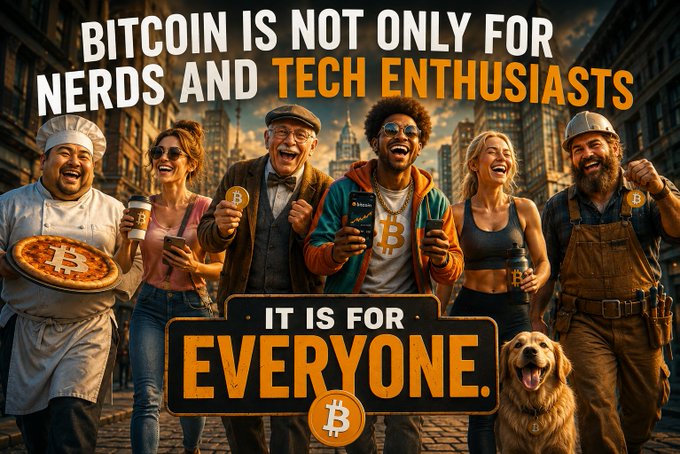 A diverse group of everyday people—including a chef, construction worker, fitness enthusiast, and senior citizen—joyfully hold Bitcoin-related items like pizzas, coins, and phones. Bold text reads "BITCOIN IS NOT ONLY FOR NERDS AND TECH ENTHUSIASTS" at the top and "IT IS FOR EVERYONE" at the bottom, reinforcing the post's message that Bitcoin adoption is expanding beyond tech circles to all walks of life.