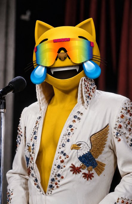 A person in an elaborate Elvis-style white jumpsuit adorned with rhinestones and eagle designs, wearing a large yellow cartoon cat head mask with reflective rainbow sunglasses and cartoon tears.