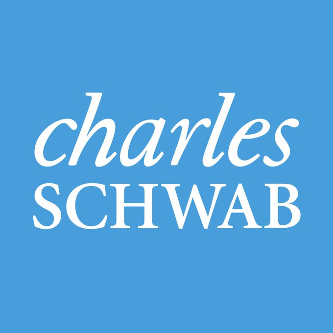 The Charles Schwab logo featuring "charles" in cursive white text above "SCHWAB" in bold white capital letters on a blue square background.