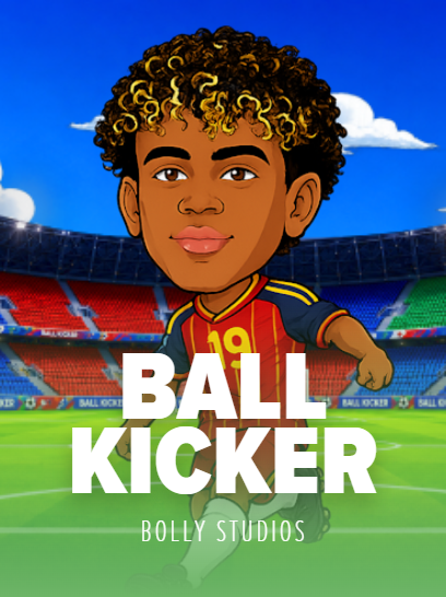 A cartoon-style illustration shows a soccer player with curly hair featuring blonde highlights, wearing a red and blue jersey with the number 19, standing on a vibrant stadium field. Bold text overlays read "BALL KICKER" with "BOLLY STUDIOS" underneath, promoting the launch of the Ball Kicker game featuring Lamine Yamal on Stake.