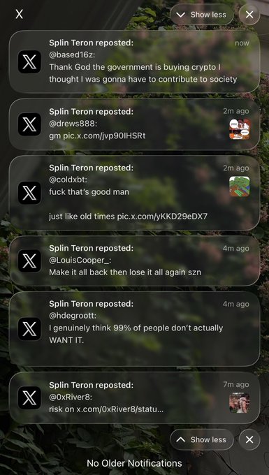 A screenshot of social media notifications from 'Splin Teron reposted' showing various posts, including references to 'crypto', '@drews888', '@coldxbt', '@LouisCooper_', '@hdegroott', and '@0xRiver8', ending with 'No Older Notifications'.