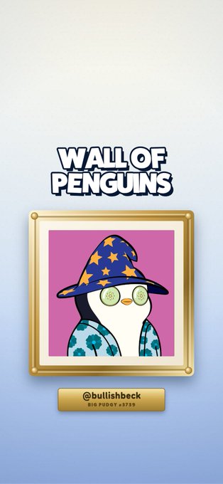A digital graphic titled 'WALL OF PENGUINS' featuring a framed cartoon penguin with cucumber eyes wearing a star-patterned wizard hat, labeled with the handle '@bullishbeck' and 'BIG PUDGY #3738'.