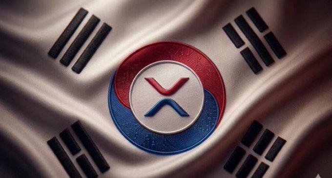A close-up of the XRP cryptocurrency logo prominently displayed over the South Korean flag (Taegukgi). The image visually anchors the speculative post about XRP's potential to surge in value and replace the dollar as a global reserve currency, while the Korean flag backdrop suggests a target audience in South Korea.