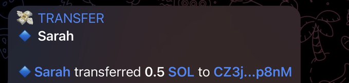 A pop-up notification displays a Transfer event from "Sarah" who has transferred 0.5 SOL to a wallet address beginning with "CZ3j...p8nM," confirming the giveaway winner has received their prize payment.
