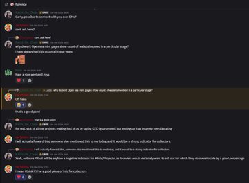 This image shows a Discord chat discussion among community members about NFT projects and platforms like Opensea, with users debating topics such as website availability, metrics, and educational initiatives like Web3Prospects, relating to the post's gratitude toward Cartyisme for elevating a long-standing community request to the OpenSea team.