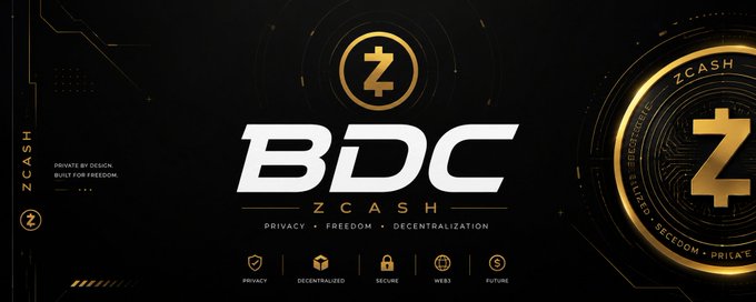 A dark promotional banner for ZCASH (Z) featuring the BDC logo, with the tagline 'PRIVACY • FREEDOM • DECENTRALIZATION' and icons highlighting its private, decentralized, secure, and web3 features.
