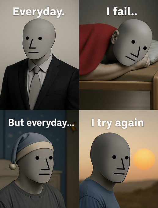 Four gray-faced men, each with a different expression and attire, pose against a sunset backdrop, accompanied by the text "Everyday. I fail... But every day."