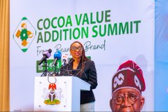 A woman speaking at a podium at the 'Cocoa Value Addition Summit,' with a large banner reading 'From Bean to Brand' and a portrait behind her.