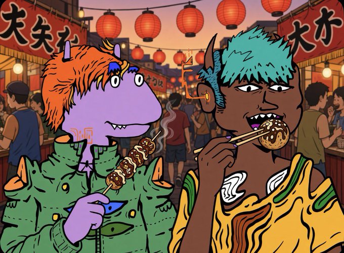 A colorful cartoon illustration of two stylized characters with horns—one purple-skinned with orange hair holding skewers, the other with teal hair eating takoyaki—standing in a vibrant night market decorated with red lanterns and Japanese signage.