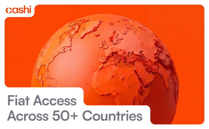 A red-orange globe highlights Cashi’s global reach, accompanied by the text “Fiat Access Across 50+ Countries.” The image illustrates the post’s announcement that Cashi fiat ramps now support local-currency deposits and withdrawals in over 50 countries.