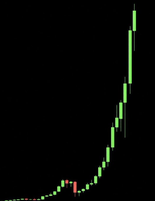 A cryptocurrency price chart displays a dramatic exponential upward trend, with green candlesticks surging sharply in the latter portion against a black background, visually supporting the post's hype about an imminent major move in memecoins.