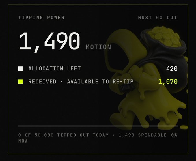 A digital dashboard displaying 'TIPPING POWER' with a value of 1,490 MOTION, showing 420 'ALLOCATION LEFT' and 1,070 'RECEIVED AVAILABLE TO RE-TIP', alongside an illustration of a green creature carrying a bag of gold coins.
