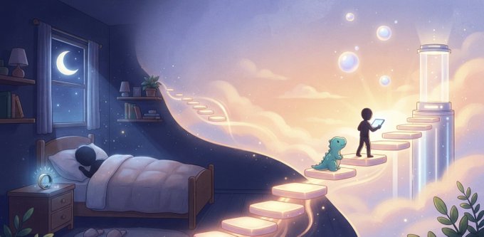 An anime-style illustration of a child sleeping in bed while a smaller avatar version of themselves walks up glowing steps with a dinosaur toward a distant tower.