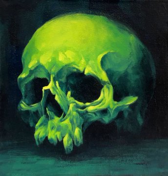 An oil painting of a skull rendered in eerie green and dark tones against a black background.