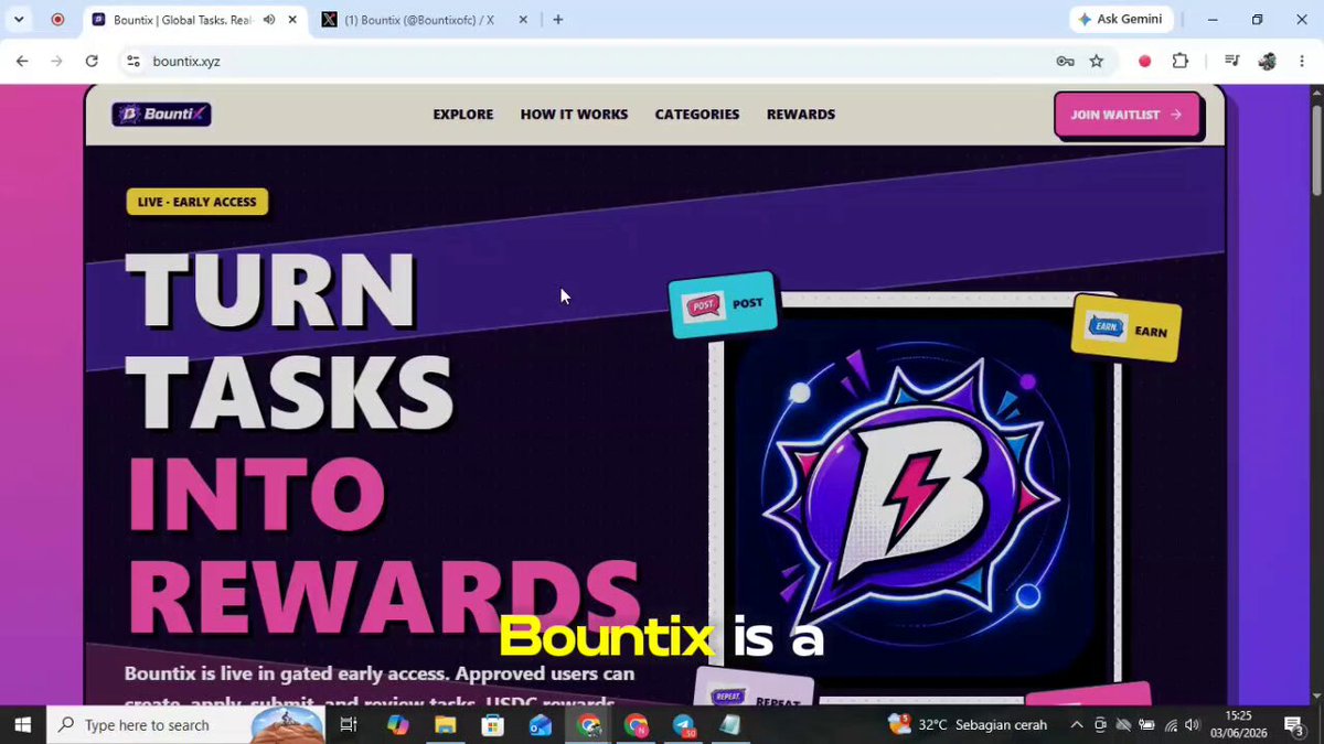 The image shows a computer screen displaying a website called "turn tasks into rewards" with a purple background featuring a logo for a game called "Bountix of C." The website appears to be promoting a new game, as indicated by the text on the page that reads "I just shipped and tested the first real Base escrow flow on @Bountixofc. Created a 1 USDC task, funded it on Base, assigned the worker, released the escrow, and the worker received USDC." The website seems to be offering an opportunity for users to participate in a game by completing tasks or challenges related to the game.