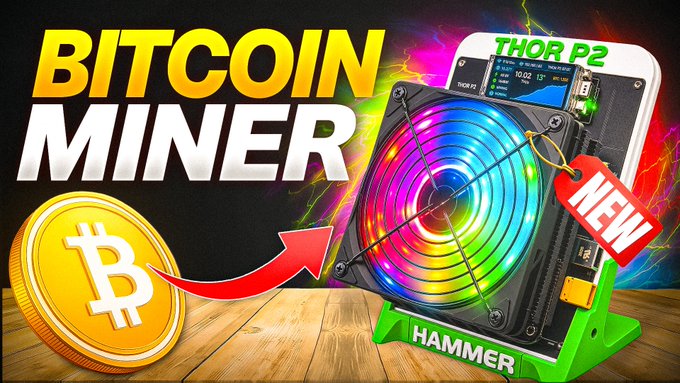 A YouTube thumbnail advertising a 'BITCOIN MINER' product called 'THOR P2' by HAMMER, marked 'NEW' with a gold Bitcoin coin graphic.
