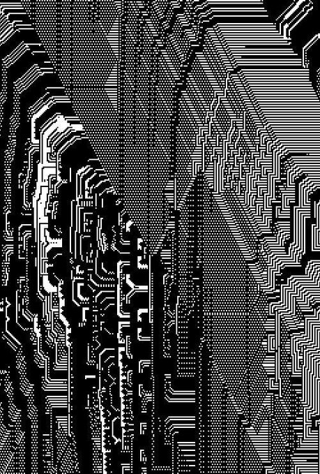 A black and white pixelated digital artwork depicting a human face intertwined with circuit board patterns.